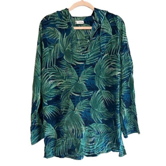 Carve Designs Gauzy Hooded Tunic Top Womens Large Blue Green Leaf Print Cover Up - Picture 1 of 6